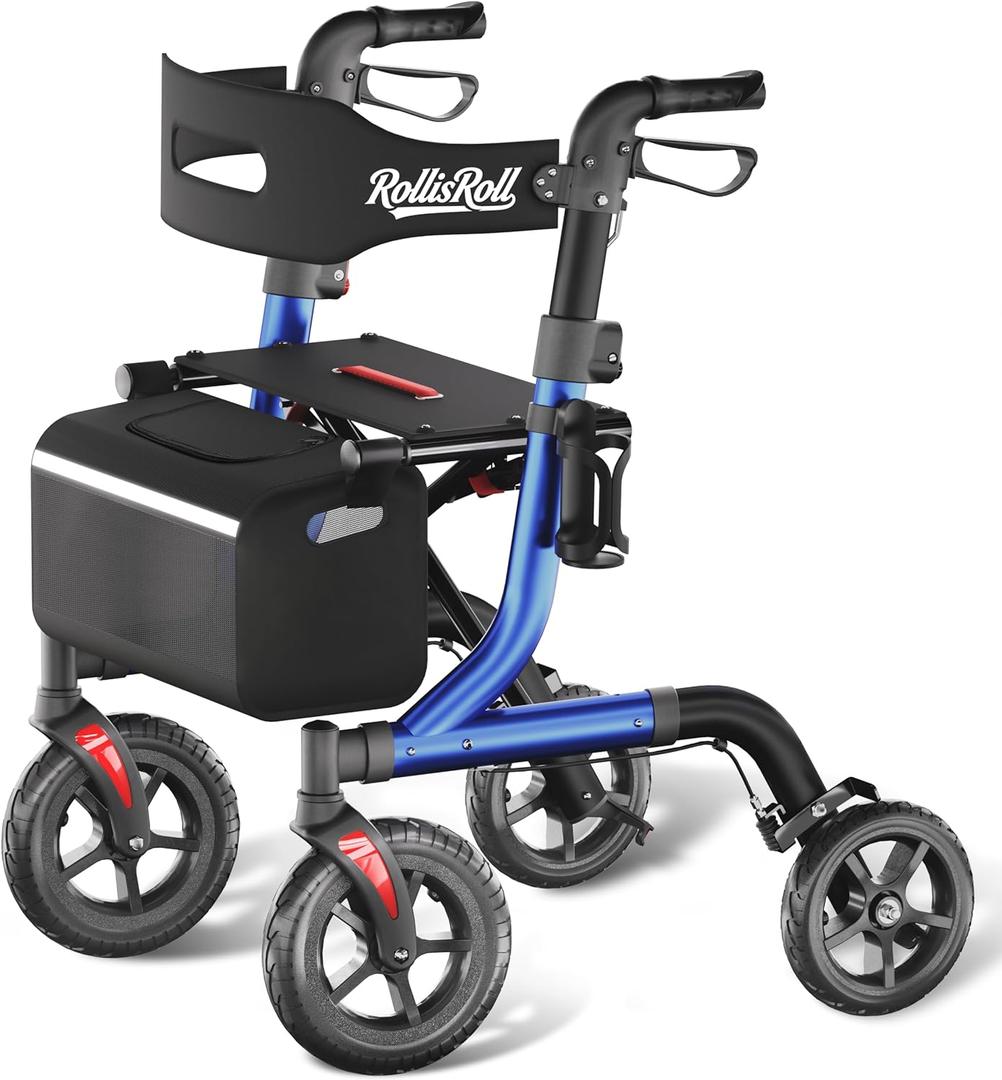 Walkers for Seniors with Seat, Foldable Rollator Walker, Reinforced Aluminum Frame, 10" Big Rubber Wheels for All Terrain, Built-in Cable, Lightweight Rolling Walker, Blue