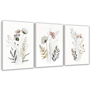Botanical Wall Art Boho Wall Decor Wildflower Wall Decor Floral Painting Posters Minimalist Botanical Print Wall Art for Living Room Bedroom Bathroom 16×24 in*3(Framed)