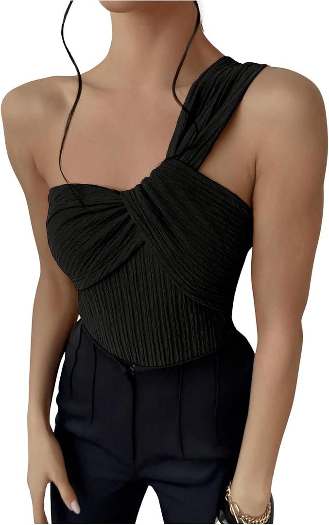 OYOANGLE Women's Textured One Shoulder Going Out Bodysuit Tops Twist Front Ruched Sleeveless Tank Top Body Suits, Medium