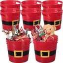 Sliner 8 Pack Empty Christmas Plastic Buckets with Handles Red Santa Belt Round Basket Multi Purpose Container Christmas Decorations Candy Bars Vase Toy Baskets for Christmas Winter