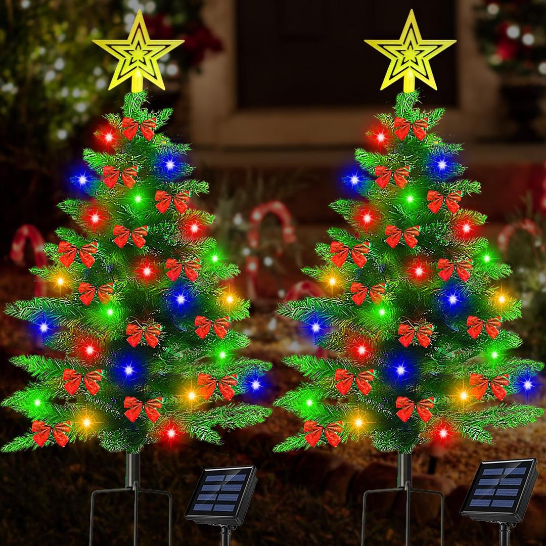 2 Pack 3.6Ft Solar Christmas Tree for Christmas Decorations Outdoor, 100 LED Xmas Tree with 36 Pcs Christmas Ornaments, Solar Pathway Lights for Garden Yard Porch Cemetery Grave Decor