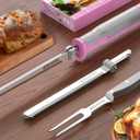 8V Cordless Electric Knife Set, Rechargeable Electric Carving Knife with Reciprocating Stainless Steel Blades for Meat & Bread, Fork Included, Equipped with interchangeable 2000mAh Large Capacity Battery, Ergonomic Handle and Safety Lock for Turkey, Meat, Poultry, Bread, Cheese ( Pink & Grey )