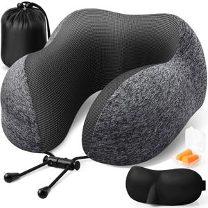 ExploreBliss Travel Pillow, Memory Foam Neck Pillow Airplane, Grey | Travel Pillows for Airplanes, Neck Pillow Airplane, Memory Foam Neck Pillow Set with Eye Mask, Earplugs