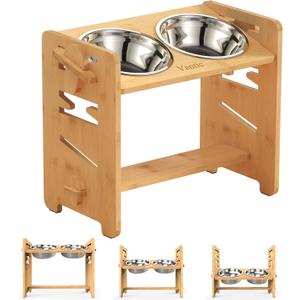 Vantic Elevated Dog Bowls, Adjustable Raised Dog Bowl Stand for Medium Sized Pet, Sturdy Bamboo Food Feeder with 2 Stainless Steel Dishes, Natural