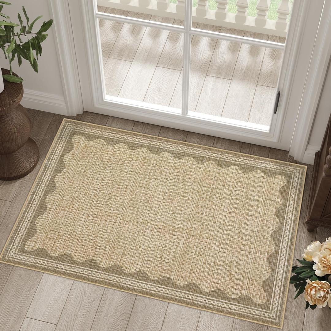 Scalloped Rug 2x3 Rugs for Entryway, Solid Tan Rug Small Area Rugs Non Slip Scalloped Bath Mat, Washable Front Door Mat Indoor Entrance,Soft Girls Nursery Dorm Carpet for Bedroom Kitchen (Jute)