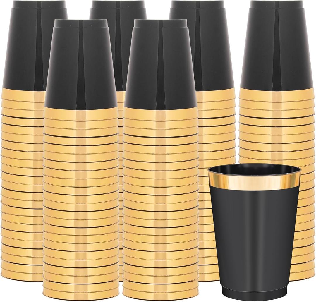 supernal 200pcs Black Plastic Cups 10oz Disposable Cups with Gold Rim, Premium Black and Gold Plastic Cup, Disposable Cocktail for Wedding, Birthday, Parties, Large