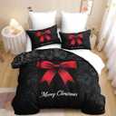 Black Merry Christmas Comforter Set Queen Size,Red Bow Bedding Set for Women Adult,Christmas Holiday Decor Comforter,3Pcs Soft Warm Bed Set with 2 Pillowcases(90 * 90)
