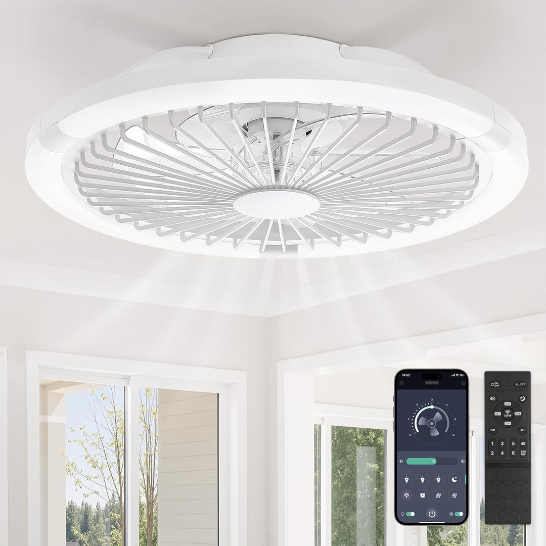 LEDIARY 20" Bladeless Ceiling Fan with Light,Low Profile LED Ceiling Fans with Remote & Smart APP Control,Modern Enclosed Flush Mount Fandelier with Timming,6 Speed,3000-6000K,Bedroom,Kids Room-White