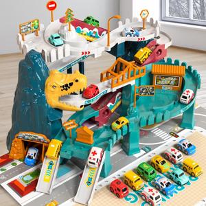 Dinosaur Race Track Playset for Boys Kids 3-5, Dinosaur Climbing Hills Car Track Play Set with 10 Mini Racer Cars, Birthday Gift for 3 4 5 6 7 8 Year Old Boys Girls