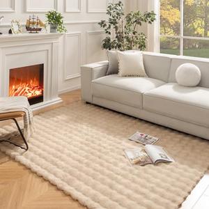 Ashler Faux Rabbit Fur Rug - Beige 5x7 FT Fluffy Soft Area Carpet, Rectangle Fuzzy for Living Room, Bedroom, Machine Washable Shaggy Nursery - 3D Bubble