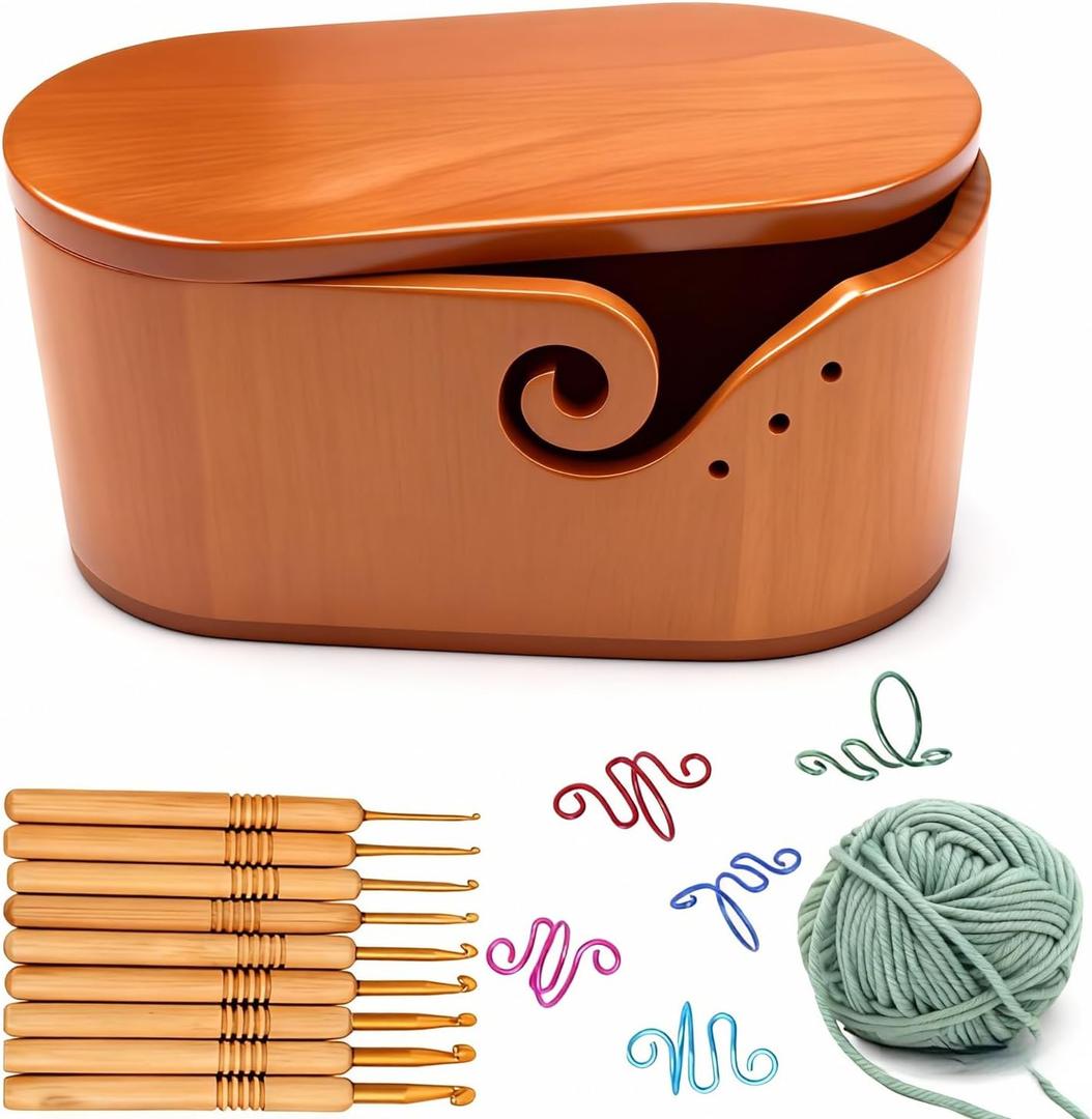 Large Oval Wooden Yarn Bowl Set  Portable Crochet Bowl with 9 Knitting Hooks + 5 Hooks + Yarn Ball, Complete Holiday Gift for Beginners & Enthusiasts Mother's Day gift (Walnut color)