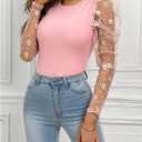 OYOANGLE Women's Floral Embroidery Mesh Puff Long Sleeve Tee Slim Fitted Knit Casual Blouses Tops (M)