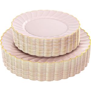 YOUBET 60PCS Pink Scalloped Plastic Plates - Hard Pink and Gold Fancy Disposable Plates include 30 Gold Dinner Plate, 30 Dessert Plate for Party & Wedding & Baby Shower Mothers Day