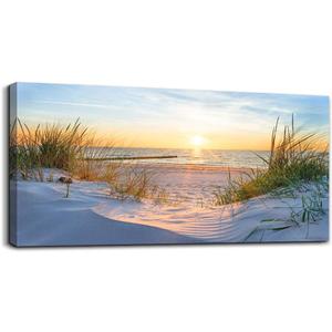 Canvas Wall Art For Living Room Super Large Size Wall Decor For Office Canvas Art Framed Pictures Artwork Blue Sun Beach Grass Ocean Landscape Paintings Bedroom Decor Seascape Draw Home Decorations (60L" x 30W")