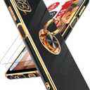 LeYi for Galaxy A12 Phone Case: with Tempered Glass Screen Protector [2 Pack] 360 Rotatable Ring Holder Magnetic Kickstand, Plating Rose Gold Edge for Samsung Galaxy A 12 Case, Black