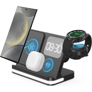 4 in 1 Wireless Charger with Alarm Clock Compatible for Galaxy Watch 7/Ultra/FE/6 Pro Galaxy S25/Ultra/S25+/S24/S23/Note 20/Z Flip 7/6/5 Fold 6 Galaxy Buds 3/2/Pro Multiple Devices Charging Station (Black)