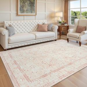 LIVEBOX 5x7 Washable Rug, Soft Boho Pink Rugs for Bedroom Girls, Non-Slip Vintage Floral Rugs for Living Room, Ultra-Thin Non-Shedding Large Area Rug for Dining Room, Nursery, Home Office, Light Pink