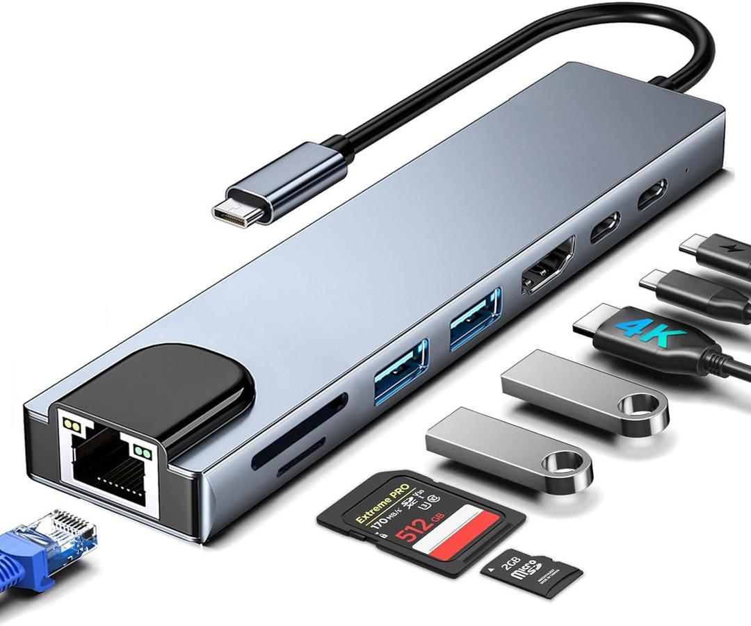 USB C Hub Ethernet HDMI Adapter, 8 in 1 Laptop Docking Station with 4K HDMI, RJ45 Ethernet 100Mbps, SD/TF Card Reader, USB 3.0/2.0, PD 100W, LAN USB C Dongle for MacBook Pro/Air, iPad Pro, XPS, etc