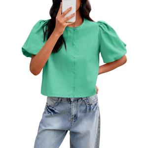 Tankaneo Womens Cropped Tops Puff Sleeve Button Down Shirts Trendy Casual Loose Fit Cute Blouse (Medium, Green)