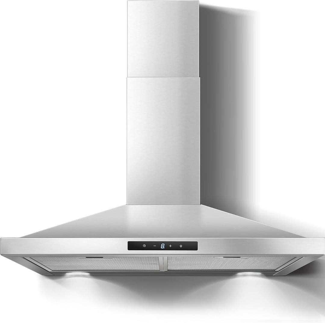 Range Hood 30 inch Stainless Steel, Wall Mount kitchen Hood Ducted/Ductless Convertible, Vent Hood w/ 3 Speeds, Touch Control, 5-Layer Mesh Filters, Energy-Saving LED Lights