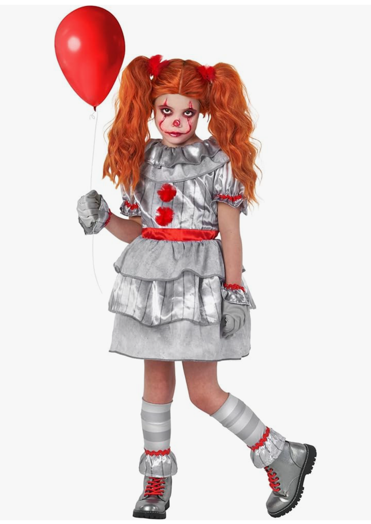 Morph Movie Clown Costume For Girls - Scary Kids Halloween Costume - Creepy Clown Outfit For Girls Size XL Grey