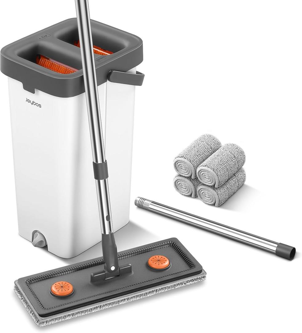 Mop and Bucket with Wringer Set for Home,61" Flat Mop and Bucket System for Floor Cleaning,Wet Dry Mop Window Wall Cleaner with Long Handle,Floor Mop with 4 Washable Microfiber Pads