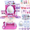 deAO 3 in 1 Toddler Vanity Makeup Table Girls Vanity & Suitcase Set with Fashion Accessories Pretend Play Travel Suitcase Fashion Beauty Set for Girls