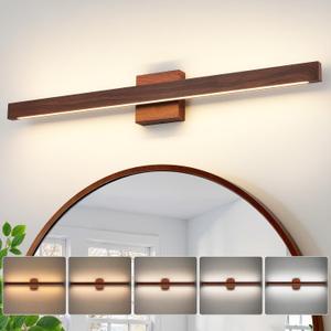 LED Modern Vanity Light: 32 Inch 5CCT Brown Wood Painted Bathroom Wall Lighting Fixtures Over Mirror 26W Dimmable Vanity Lights Bar for Restroom Bedroom