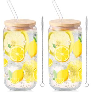 Sliner 2 Pcs Lemon Glass Cups Summer Drinking Tumbler 16 oz Iced Coffee Cup with Lid Straw Cleaning Brush Cute Beer Can Tumbler Holiday Gifts for Spring Summer Home Office Decorations (yellow lemon printing)