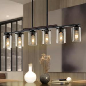 40.15'' Large Farmhouse Dining Room Light Fixture, 6-Light Kitchen Island Lighting, Black and Rustic Wood Adjustable Farmhouse Chandeliers for Dining Room Pendant Light Fixture, 6 Clear Glass Shades