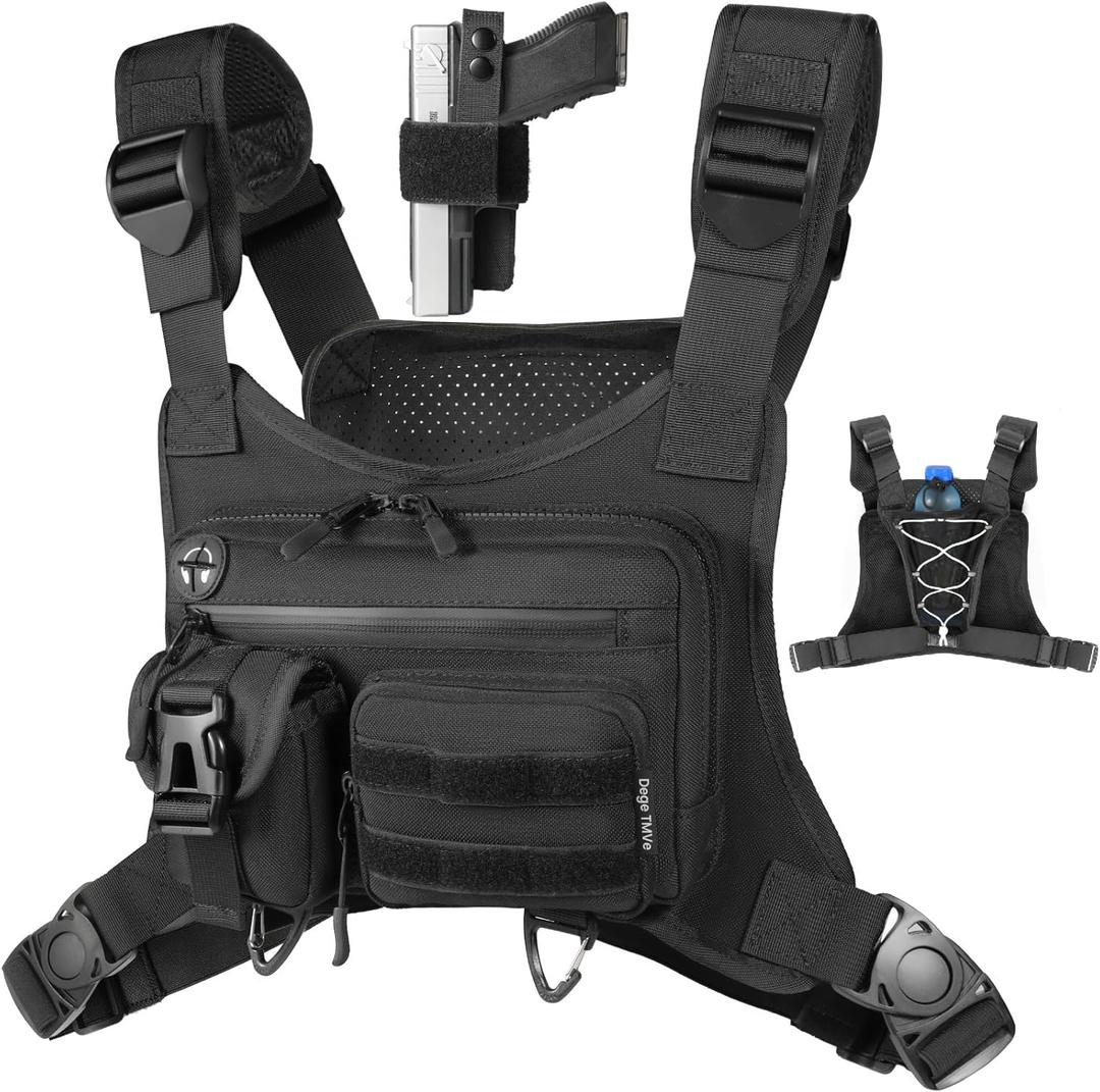 Tactical Running Chest Bag with Anti-Bounce Design, Water-Repellent & Concealed Pistol Holster  Adjustable 4-Strap, Water Bottle Holder, Reflective Safety for Hiking, Cycling, Workouts