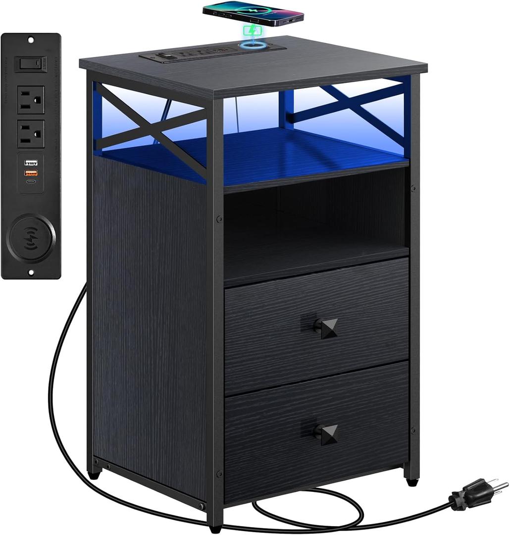 Livofloral LED Nightstand with Wireless Charging Station and Wood Drawers, Black Side Tables Living Room with Charging Station, Storage Bedside Table for Bedroom with LED Light, 1 Pack