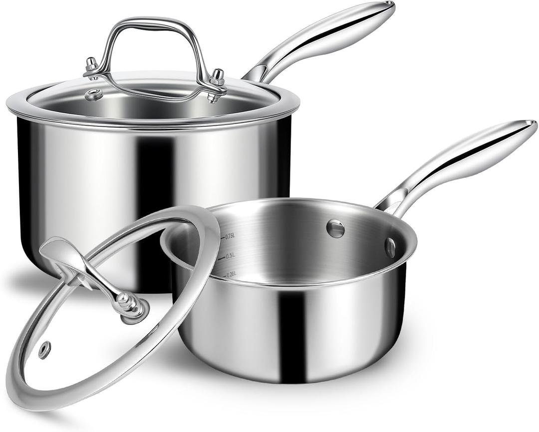 EWFEN 3 Ply Stainless Steel Sauce Pan Set with Lids, 1 & 2 Quart Multipurpose Cooking Pot, Stay-Cool Handle, Induction Oven Dishwasher Safe, 1QT & 2QT