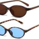 Retro Oval Sunglasses for Women Small Oval 90s Sunnies Trendy Narrow Cat Eye Vintage Shades 2 Pack