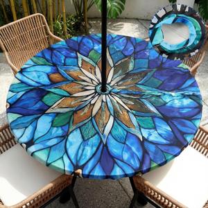 HunnmingRe Mandala Round Outdoor Tablecloth with Umbrella Hole Zipper Waterproof Anti-Wrinkle Table Cover for Summer Patio Camping Party Car Rv Gardening Gifts Fit to 45"-53" Tables