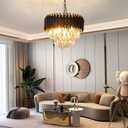 Modern Crystal Chandeliers 15.7Gold Contemporary Crystal Ceiling Lights Fixtures 3-Tiers 5 Lights Black Round Chandelier Pendant Light Fixtures for Entryway Living Room Dining Room Bedroom Foyer, W15.7in