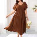 SCOMCHIC Women's Wedding Guest Cocktail Dresses Sweetheart Neckline Ruffle Sleeve A Line Maxi Dress (XXXL)