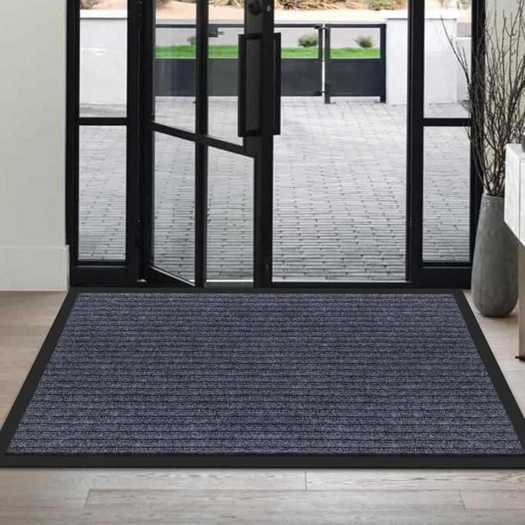 Front Door Mat Indoor Outdoor Entrance 48"x32", Heavy Duty Ribbed Non Slip Mat, Absorbent Dirt Moisture Trapper Waterproof Rubber Backing Doormats, Low Profile Washable Front Doormat, Grey