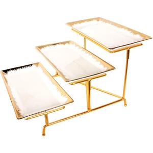 3-Tiered Serving Rack with Ceramic Tray, Foldable Gold Stand with 3-PCS 11.4 Inch Gold Rim Plates, for Food Display, Fruit, DessertDecoration for Parties Entertaining