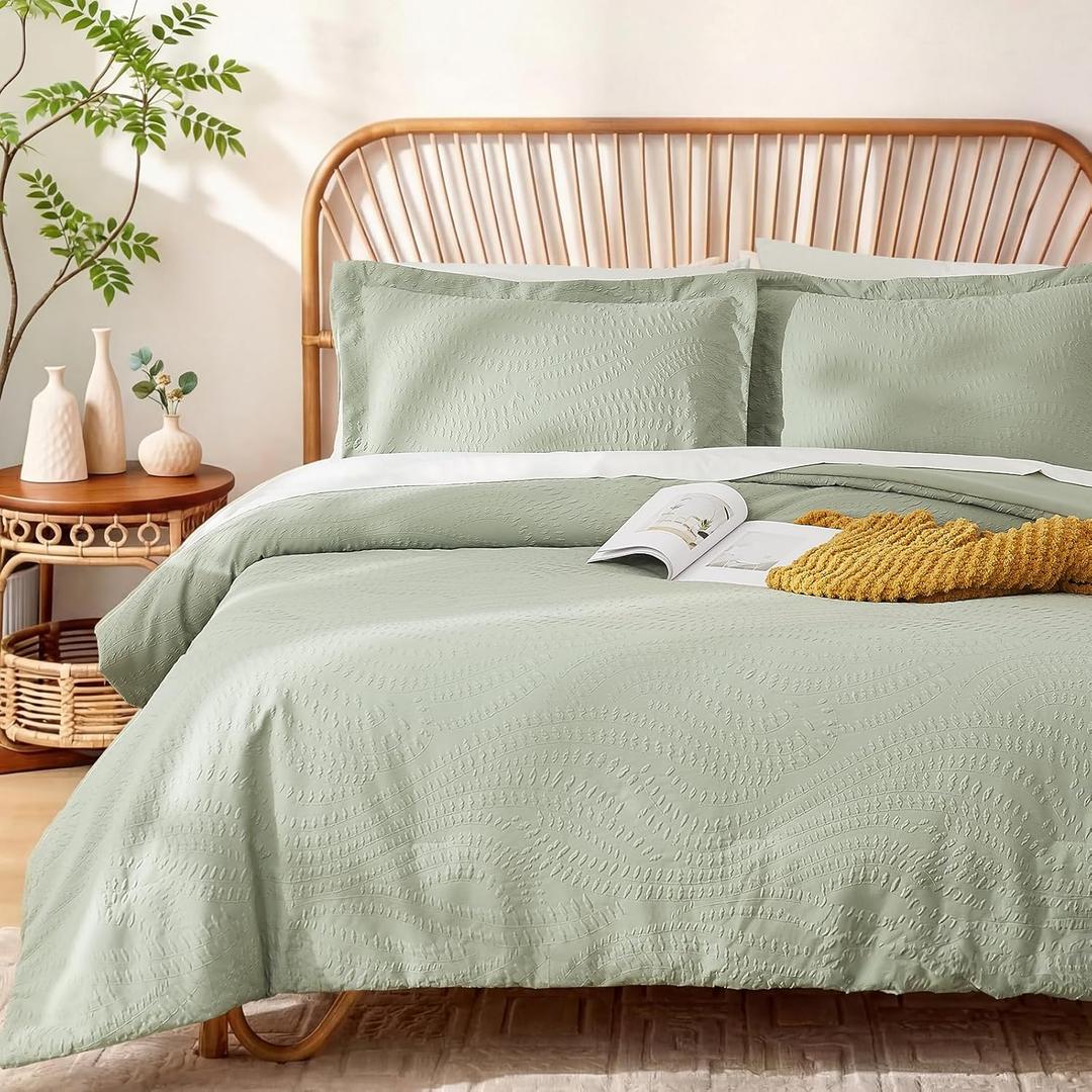 Geniospin King Comforter Set - 7 Pieces Textured Sage Green Bedding Sets, Shabby Chic Comforter Set, All Season Comfortable Bed in a Bag with Comforter, Sheets, Pillowcases & Shams (King (102"x90"))
