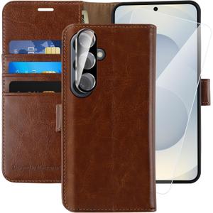 MONASAY Wallet Case Fit for Samsung Galaxy S25+ Plus 5G, [Lens & Glass Screen Protector Included] [RFID Blocking] Flip Folio Leather Cell Phone Cover with Credit Card Holder, 6.7 inch, Brown