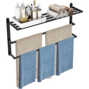 Matte Black 32 InchTowel Racks for Bathroom, VOTZAAQ Black Towel Shelf with Double Towel Bar, 3 Tier Stainless Steel Towel Storage, Bath Towel Holder Wall Mounted