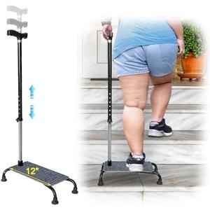NEAUDE Stair Climbing Assist Cane for Seniors, Stair Lifts Walker Elderly, Mobile Half Step Aid Stair Helper, Adjustable 4 Prong Standing Quad Cane Large Base, Portable Walking Stick for Stability