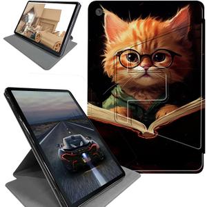 for Kindle Fire HD 8 Tablet (8th/7th/6th Generation, 2018/2017/2016 Release) Tablet Case-360 Rotating Stand Folding Protective Cover with Auto Sleep/Wake,Kitten with Glasses