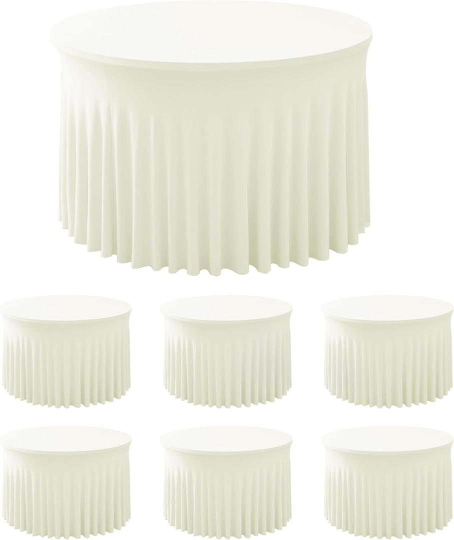 HolidayIdeas 60 Inch Beige Spandex Round Table Skirts,Fitted Stretch Tablecloths for Round 5 ft Table, Wrinkle-Free Ruffle Design Tablecloths for Banquets,Wedding,Trade Shows, Parties, Events, 6 Pcs (Butter Cream)