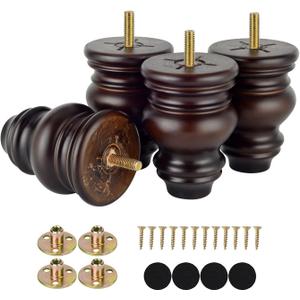 4 Inch Wood Furniture Legs Set of 4 Wooden Bun Feet for Couch Sofa Ottoman Mid Century M8 Bolt Screw in