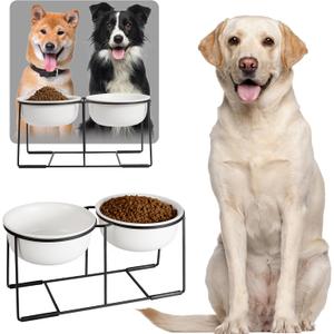 Ceramic Elevated Dog Bowl Set - Raised Double Feeding Bowls with Metal Stand - Pet Dishes for Medium and Large Dogs - 3.5 Cups - 54 fl oz - Matte White