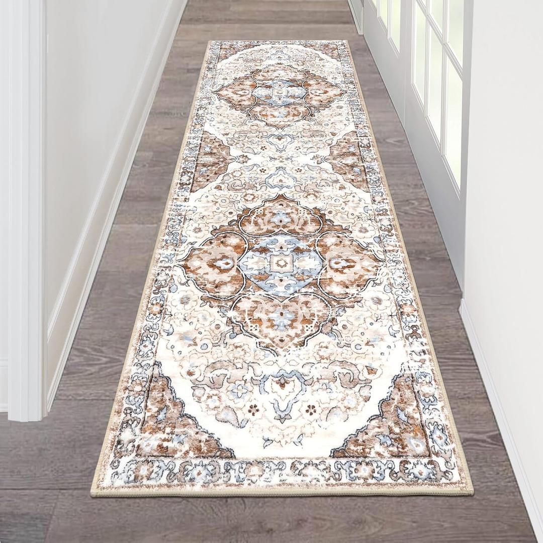 HEBE Hallway Runner Rug 2'x6' Washable Vintage Distressed Area Rugs Non Slip Laundry Rug Runner Boho Floor Carpet Runners for Hallways Entryway Laundry Room Kitchen Bathroom (2' x 6', Brown/Beige)