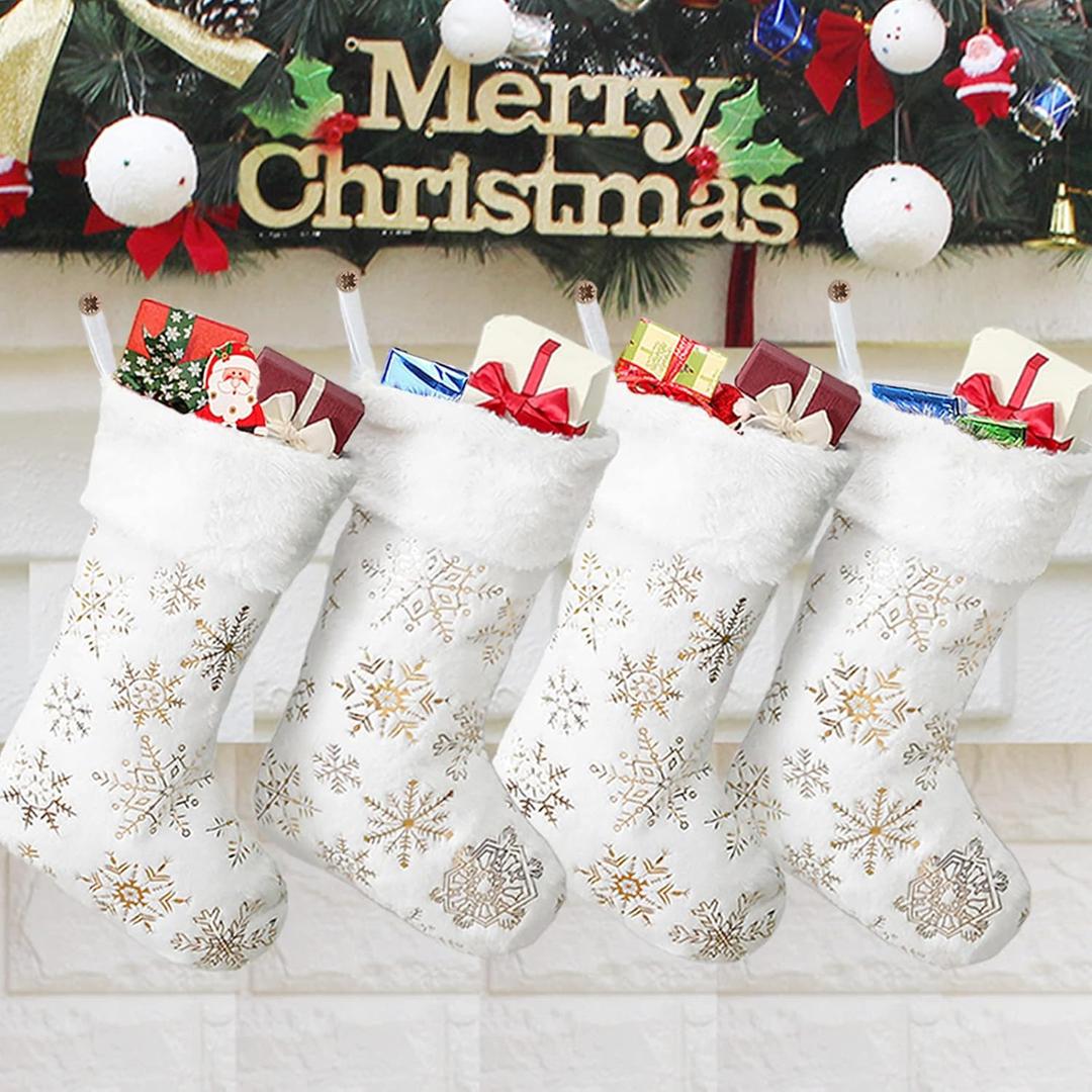 Christmas Stockings Large 18 inches 4 Pcs - Plush Faux Fur Xmas Stocking with Golden Snowflake, for Family Holiday Personalized Party Decorations