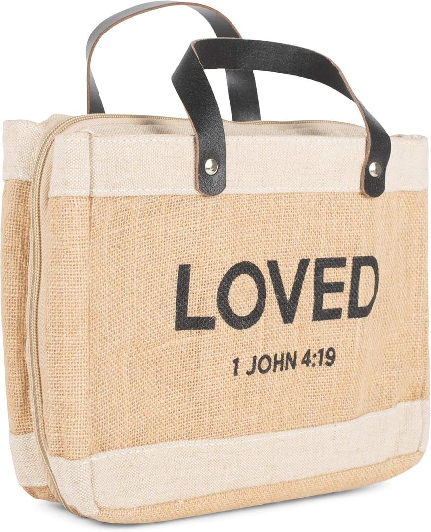 Faithworks Bible Covers for Women - Mini Market Tote Style Jute Cover with Zippered Closure Leather Handles (Loved)